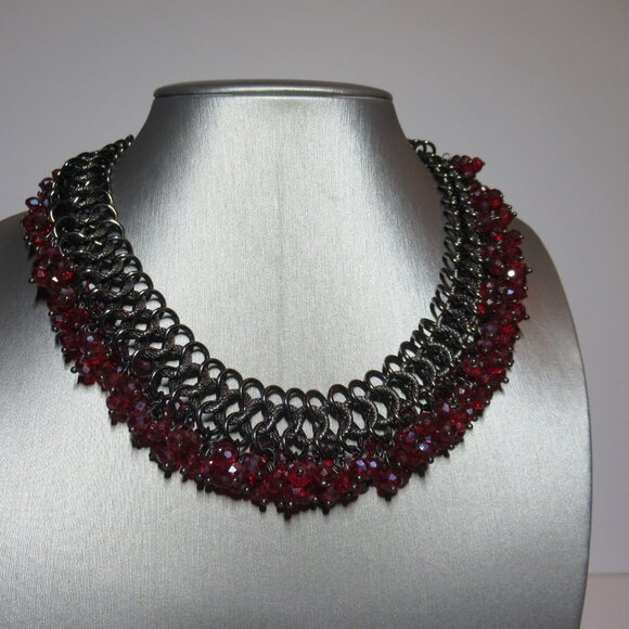 Chainmail Necklace & Earrings Set Silver with Red Beads Choker Collar Dangle - Picture 11 of 16